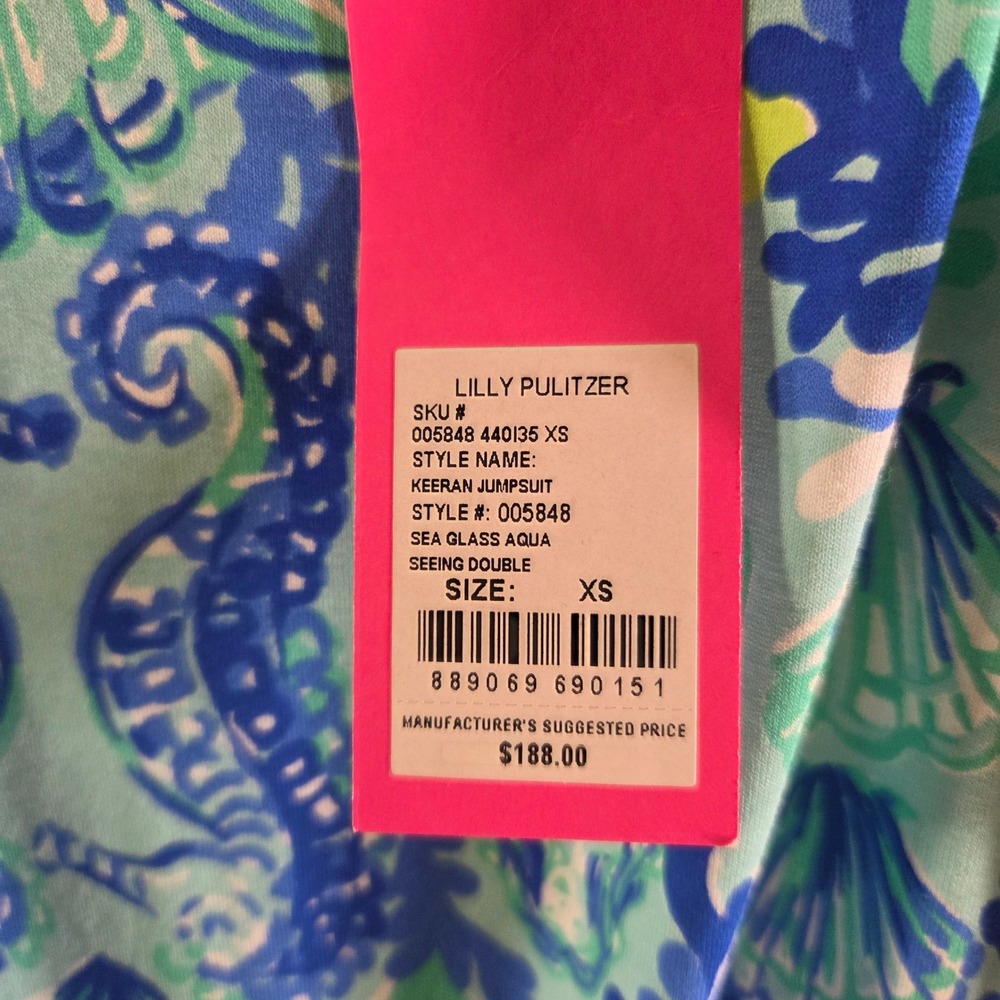 Lilly Pulitzer Keeran Jumpsuit Seeing Double Sea Glass Aqua Gold Chain XS NEW - Picture 5 of 7